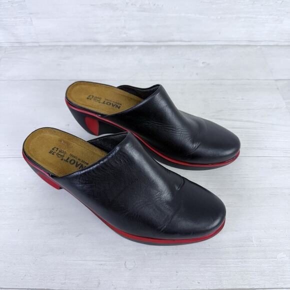 Naot Evening Mule Clogs Black EU 38 US 7.5 Madras Leather Red Accent Slip On - Picture 4 of 16